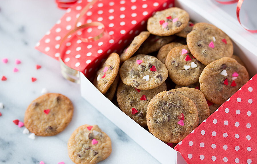 One simple technique makes it incredibly easy to bake up dozens of Itty Bitty Valentine Chocolate Chip Cookies just perfect for packaging and spreading love.