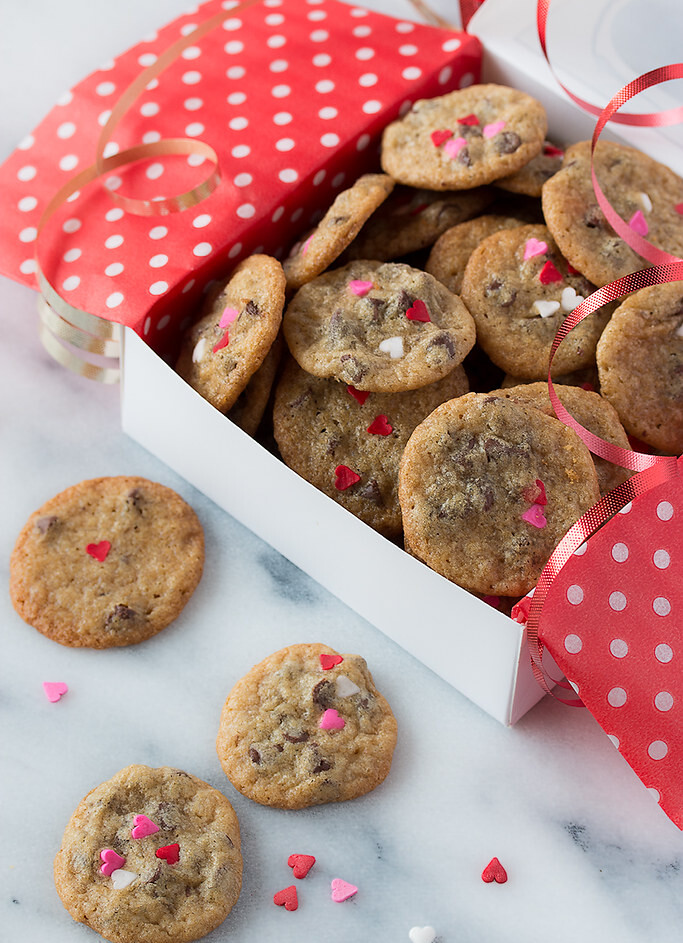 One simple technique makes it incredibly easy to bake up dozens of Itty Bitty Valentine Chocolate Chip Cookies just perfect for packaging and spreading love.