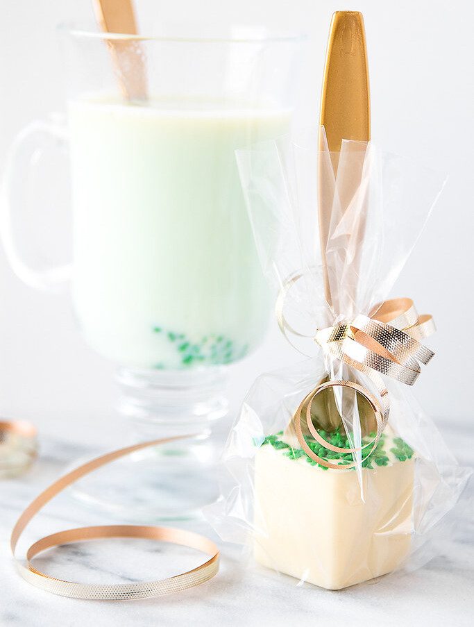St. Patrick's Day White Hot Chocolate Sticks create a decadent drink with a pinch of green